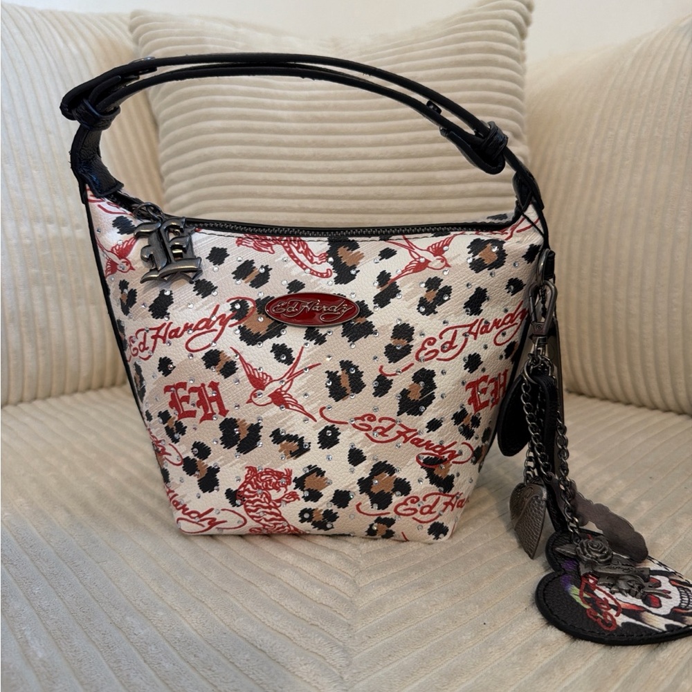 NWT Mini Ed Hardy Cream Leopard Print Shoulder Bag with Red Logo Accents